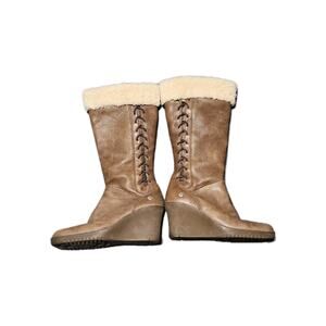 Ugg Boots Womens 7 Brown Leather Wedge Sheepskin Mid Calf Platform Boots